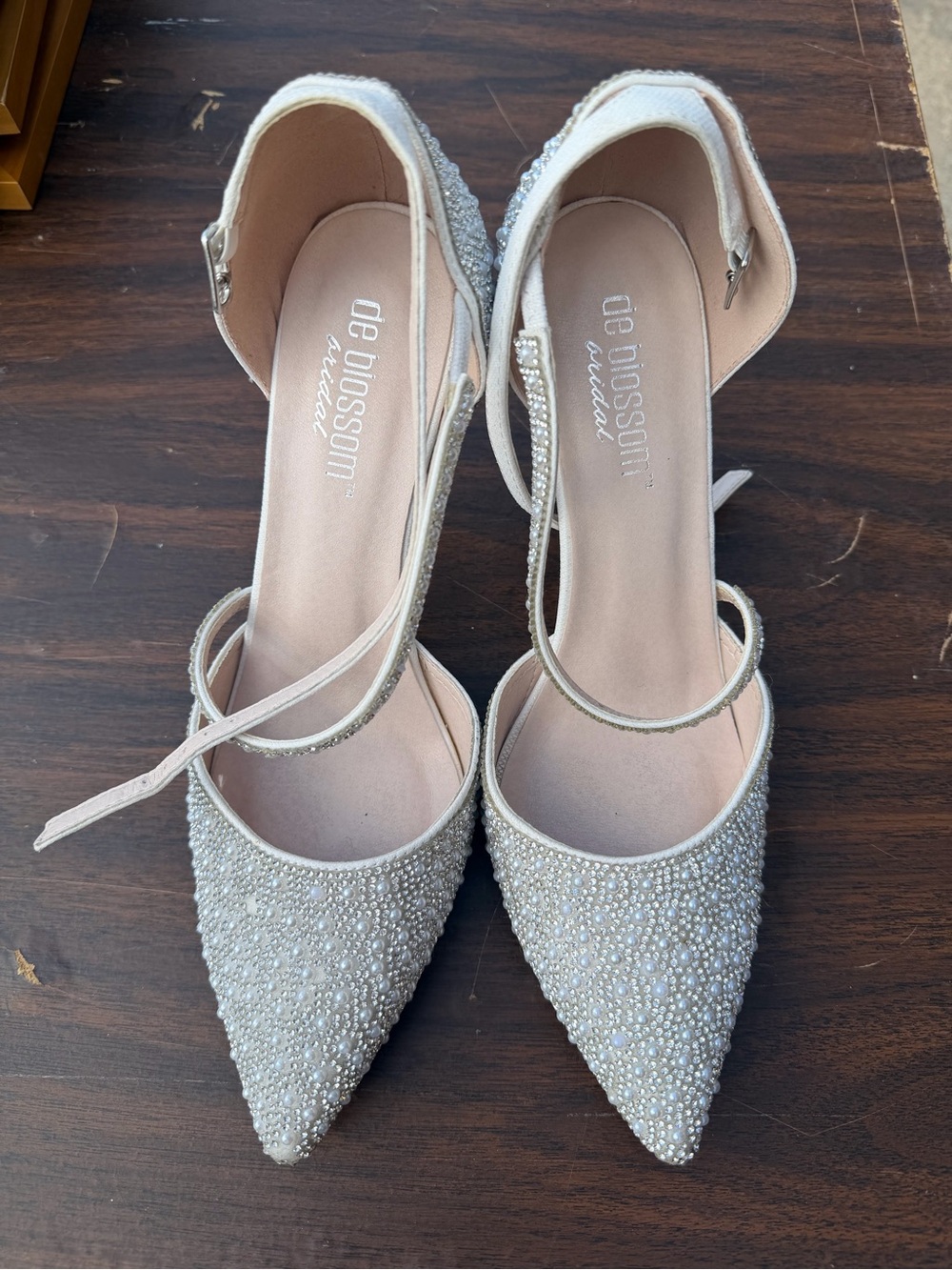 De Blossom Collection Ivory Pearl & Crystal Pointed-Toe Ankle Strap Heels